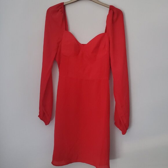 Holiday Party Red Babydoll Dress Sweetheart Neck Smocked Back Balloon Sleeves 8 - Picture 1 of 12